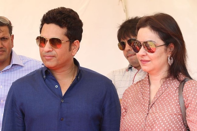 Sachin Tendulkar as seen with his wife Anjali Tendulkar at the Oval Maidan in Mumbai in April 2016