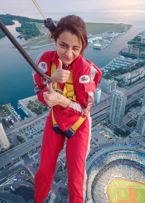 Trisha Krishnan as seen in a picture taken while doing the edge walk at the CN Tower in Toronto, Canada in July 2018