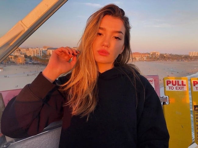 Ali Skovbye as seen while posing for a picture during the golden hour at Santa Monica Pier in Santa Monica, Los Angeles County, California, United States in May 2019