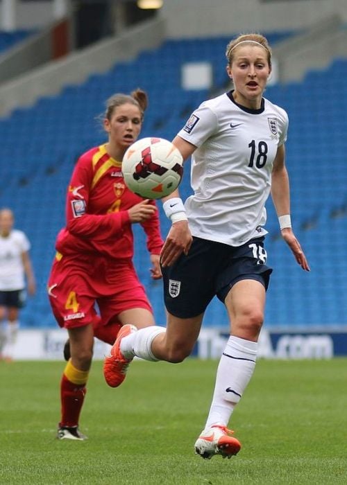 Ellen White pictured with Maja Micunović of Montenegro during a match in 2014