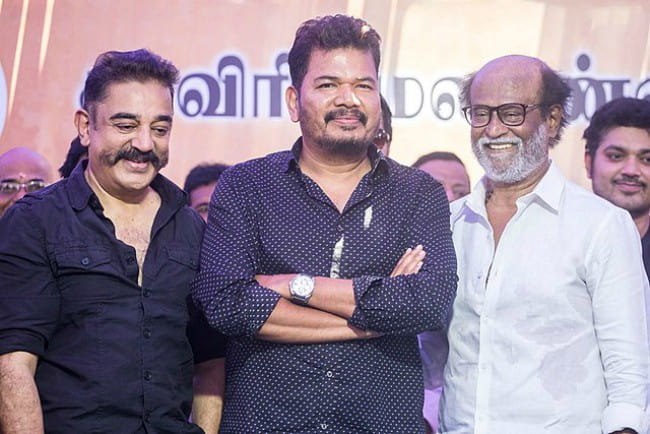 S. Shankar (Center), Rajinikanth (Right), and Kamal Haasan (Left) as seen in April 2018