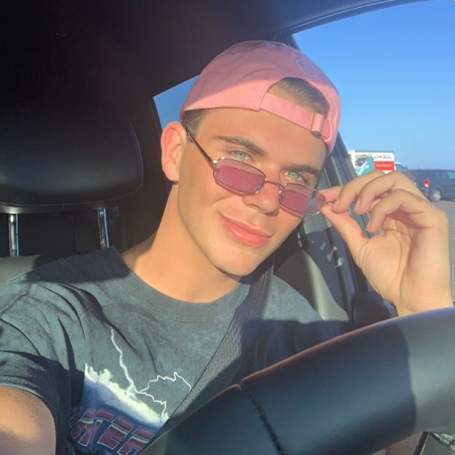 Alex Whitehouse as seen while taking a car selfie in Pacific Palisades, Los Angeles, California, United States in July 2019