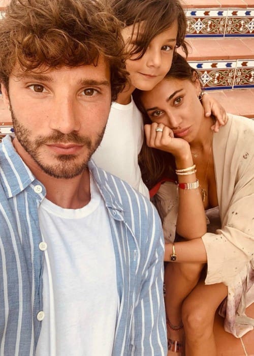 Belen Rodriguez with her son and Stefano de Martino as seen in August 2019