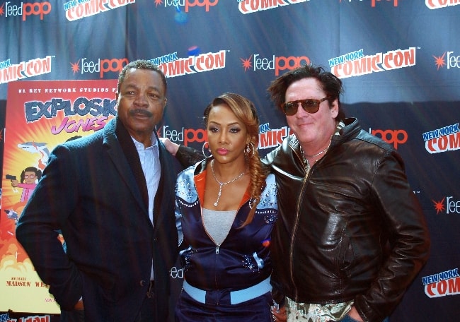 Carl Weathers (Left) as seen while posing for a picture alongside Vivica A. Fox and Michael Madsen promoting their animated TV series, 'Explosion Jones', in October 2017