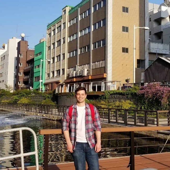 Damien C. Haas as seen while posing for the camera in Sumida, Tokyo Metropolis, Japan in April 2018