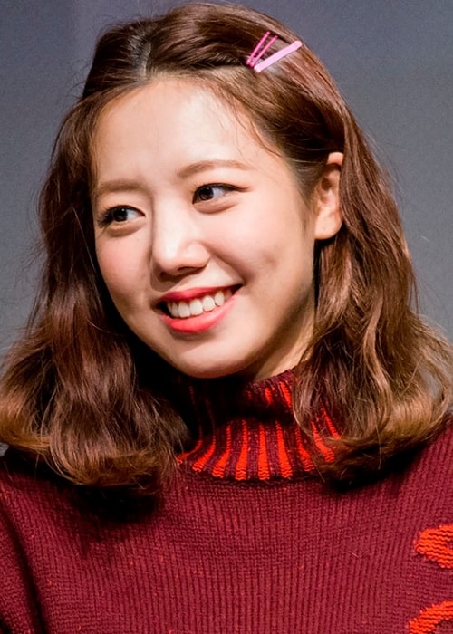 Kim Nam-joo as seen while smiling in a picture taken at an 'Apink' fan meeting in Sinchon, Seoul, South Korea in January 2019