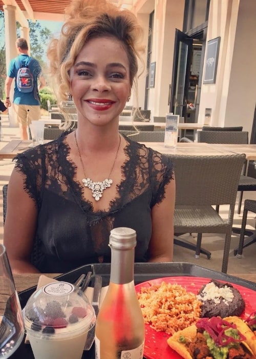 Lark Voorhies as seen while enjoying her meal in Pasadena, Los Angeles County, California, United States in July 2018