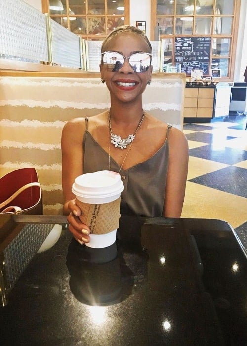 Lark Voorhies as seen while smiling for the camera in Atlanta, Georgia, United States in August 2019