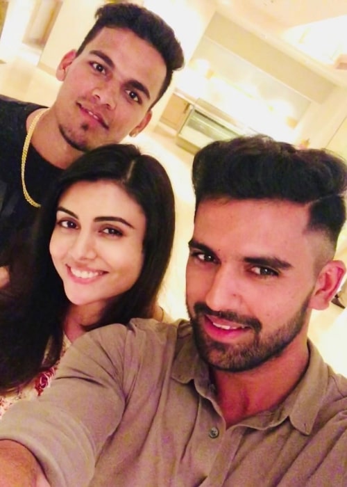 Malti Chahar as seen in a selfie taken with her brothers Rahul and Deepak Chahar at ITC Kakatiya, A Luxury Collection Hotel, Hyderabad in May 2019