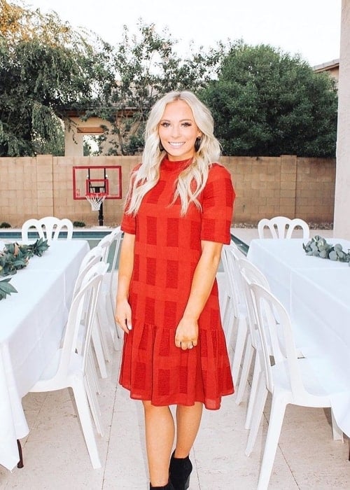 MyKayla Skinner as seen while posing for a picture wearing a beautiful dress during her bridal shower in Gilbert, Maricopa County, Arizona, United States in October 2019