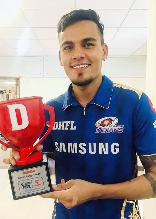 Rahul Chahar as seen in a picture while he holds the Dream 11 Game Changer Award at the Chepauk Stadium in May 2019