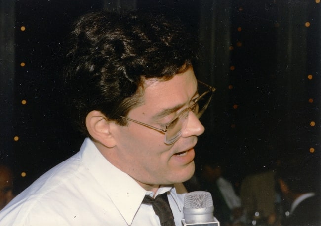 Raul Julia as seen during an interview on opening night 1984 at cast party at Circle in the Square 1984 Noel Coward's 'Design for Living'