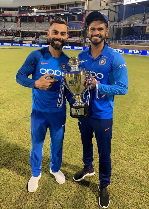 Shreyas Iyer as seen in a picture taken with cricketer Virat Kohli at Queen's Park Oval in August 2019