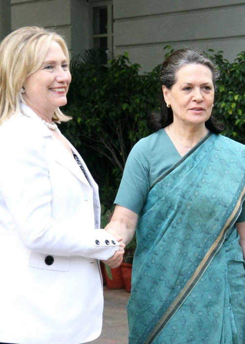 Sonia Gandhi greeting the U.S. Secretary of State Hillary Rodham Clinton in New Delhi on July 19, 2011