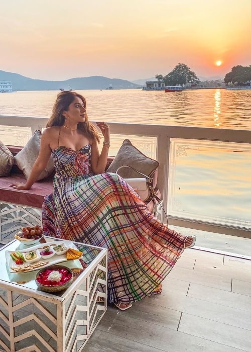 Aashna Shroff as seen while posing for a picture with a stunning backdrop at Jagat Niwas Palace in Udaipur, Rajasthan, India in October 2019