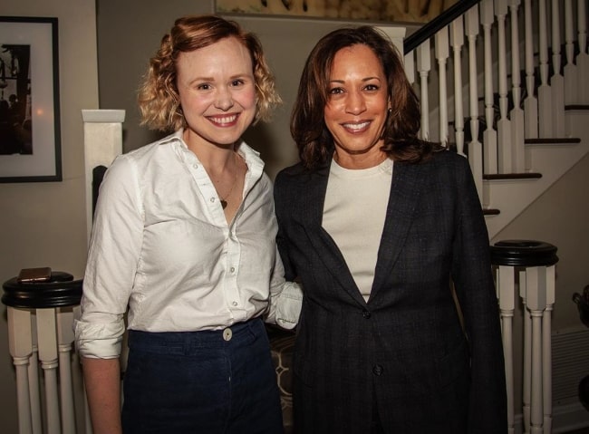 Alison Pill (Left) as seen while posing for the camera along with Kamala Harris in 2019