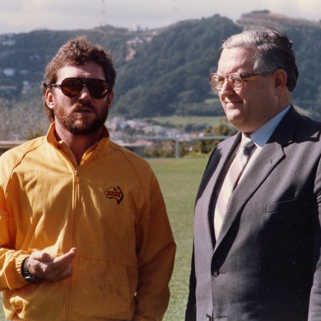 Allan Border as seen in a picture taken with postmaster general Jonathan Hunt at the Victoria University Wellington in 1986