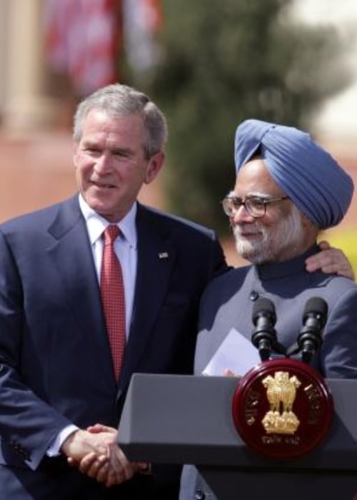 Dr. Manmohan Singh as seen in a picture with former United States President George W. Bush at a joint conference at Hyderabad House