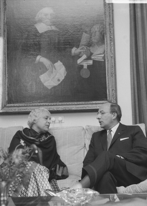 Dutch Politician Jo Cals and Vijaya Lakshmi Pandit in a picture that was taken on November 12, 1965 at The Hague, Netherlands