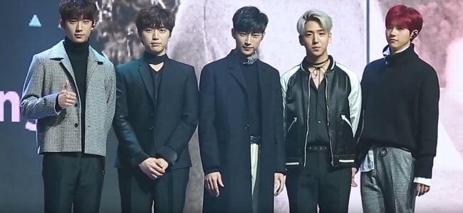 From Left to Right - Gongchan, Sandeul, Jinyoung, Baro, and CNU as seen while representing 'B1A4' during an event in South Korea in 2016