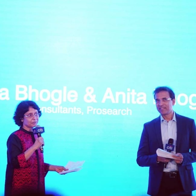 Harsha Bhogle as seen in a picture with his wife Anita Bhogle during a corporate speech session in September 2019