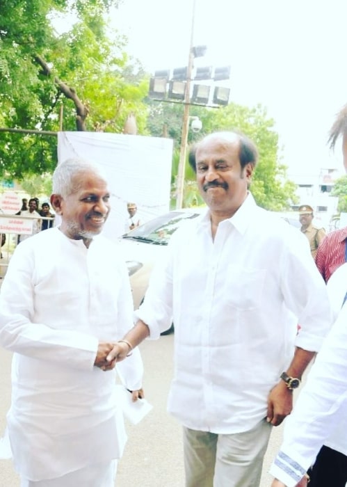 Ilaiyaraaja seen along with actor Rajnikanth in 2018