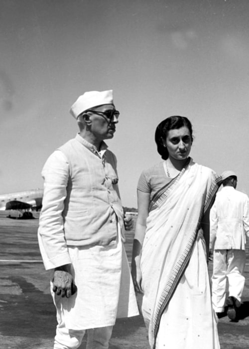 Jawaharlal Nehru and Indira Gandhi in a picture taken at the Palam Aerodrome on October 3, 1949