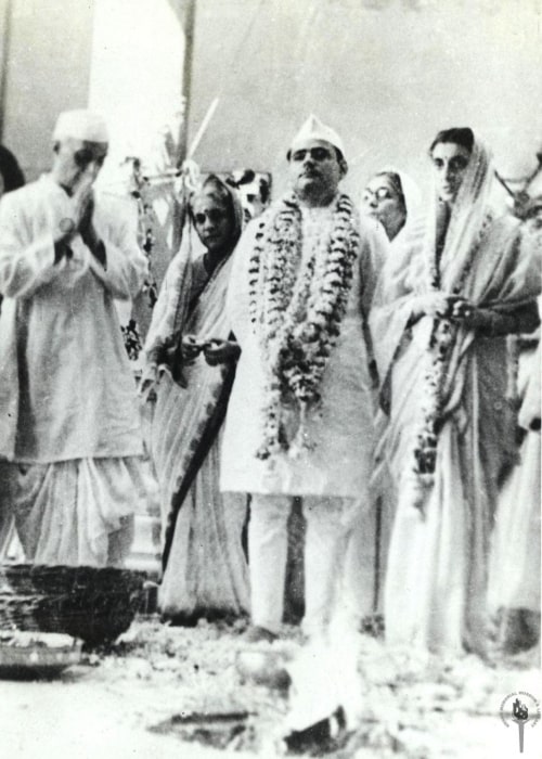 Jawaharlal Nehru in a picture taken with Indira Gandhi, and his father-in-law at the time of marriage on March 26, 1942