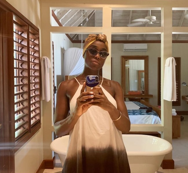 Lashana Lynch as seen while taking a mirror selfie in April 2019