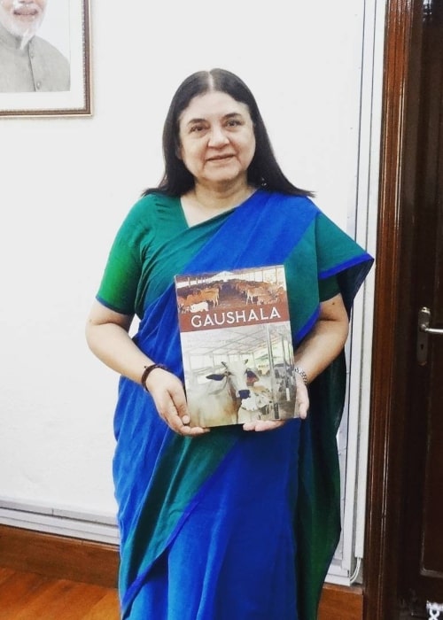 Maneka Gandhi as seen in a picture taken with her book Gaushala in Delhi in February 2018