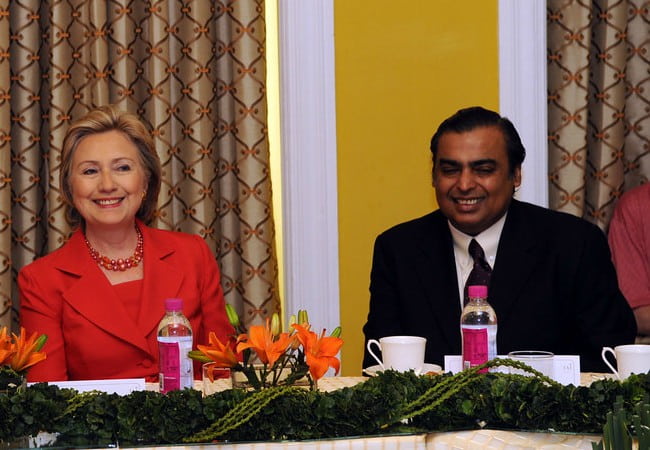 Mukesh Ambani (Right) and Hillary Clinton as seen in July 2009