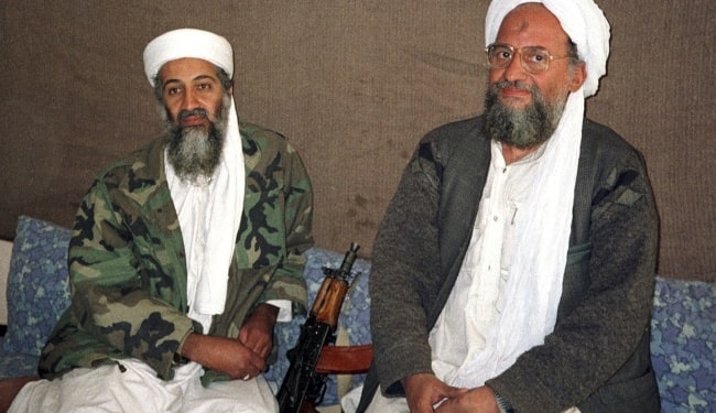 Osama bin Laden (Left) as seen while sitting alongside his adviser Dr. Ayman al-Zawahiri during an interview with Pakistani journalist Hamid Mir in November 2001 in Kabul, Afghanistan