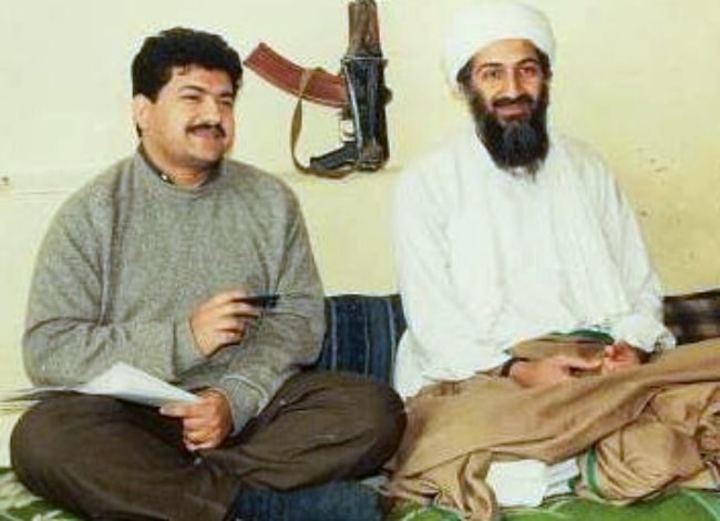 Osama bin Laden (Right) as seen alongside Pakistani journalist Hamid Mir during an interview circa March 1997-May 1998