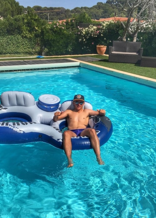 Sam Curran as seen in a shirtless picture taken while relaxing in the pool in Juan-les-Pins, France in August 2016