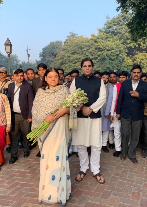 Varun Gandhi as seen in a picture with his mother Maneka Gandhi in Shanti Vana to pay tribute to his late. father Sanjay Gandhi on his 72nd death anniversary in December 2018