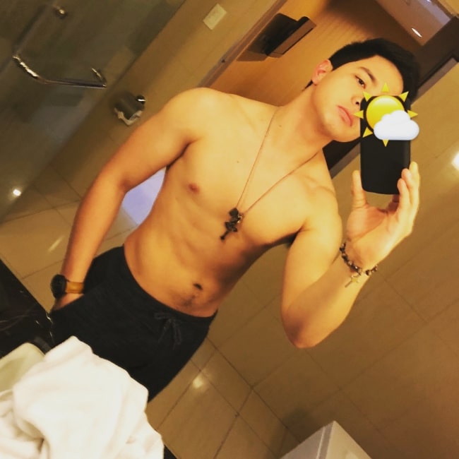 Alden Richards as seen while taking a shirtless mirror selfie at Villa Angelina Luxury Suites in Dapitan City, Zamboanga del Norte, Philippines in March 2018