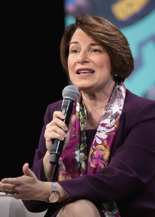 Amy Klobuchar speaking with attendees at the 2019 National Forum on Wages and Working People hosted by the Center for the American Progress Action Fund and the SEIU at the Enclave in Las Vegas, Nevada