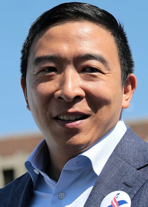 Andrew Yang speaking with supporters at the Des Moines Register's Political Soapbox in August 2019