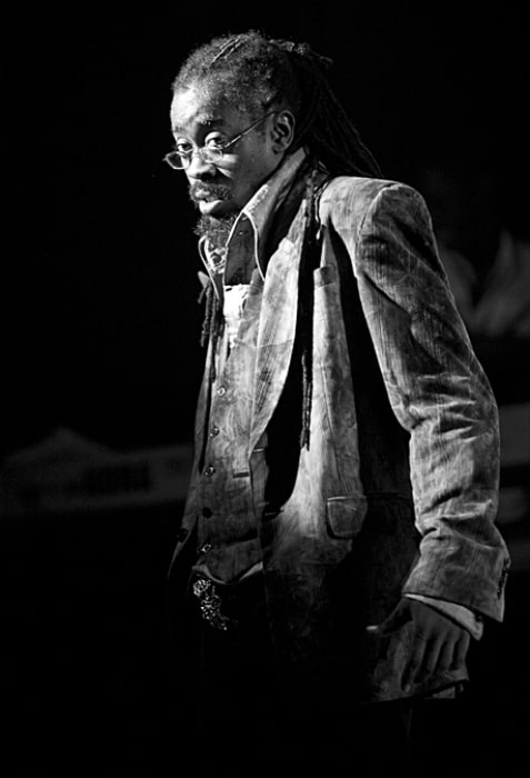 Beenie Man as seen in a black-and-white picture while performing during an event on August 10, 2008