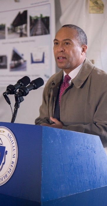 Deval Patrick as seen while speaking at a 2014 Groundbreaking event for the replacement of four bridges in New Bedford and Fall River along the future South Coast Rail right-of-way in November 2014