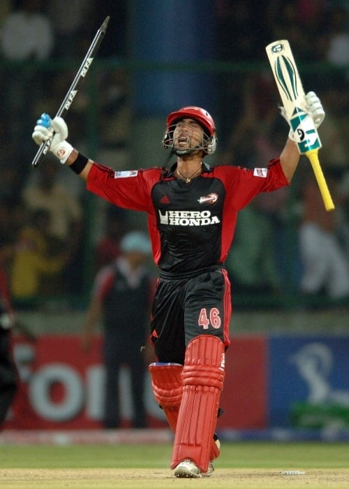Dinesh Karthik in a picture taken celebrating the victory against the Mumbai Indians during the Indian Premier League T20 Championship at Ferozeshah Kotla Stadium in New Delhi on May 24, 2008