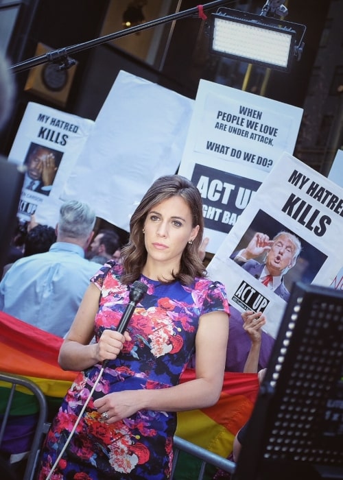 Hallie Jackson as seen in a picture taken while doing a live report in front of Trump Tower in New York City, NY during an anti-Trump protest on June 21, 2016