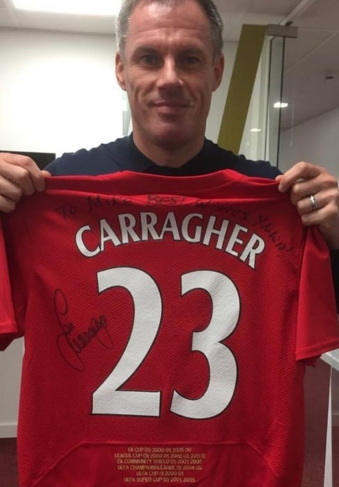 Jamie Carragher as seen in a picture taken while holding his jersey in October 2019