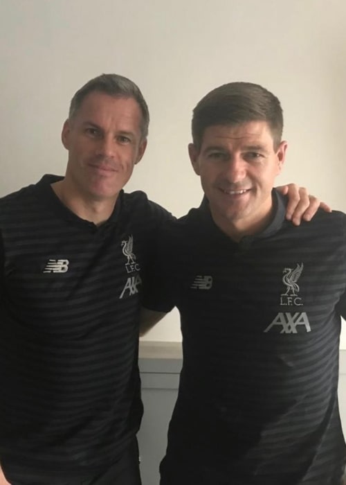 Jamie Carragher as seen in a picture taken with football manager Steven Gerrard in January 2020