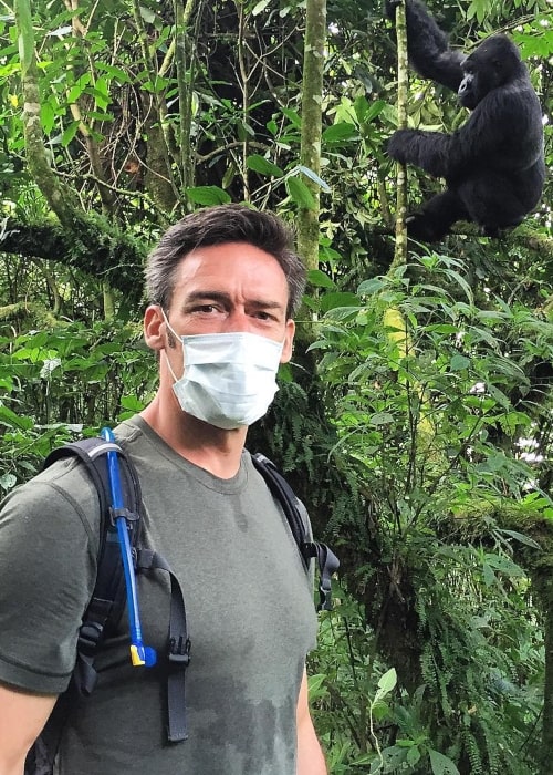 Jason Sehorn as seen in a picture taken at the Virunga National Park, DRC with a gorilla in the background in March 2016