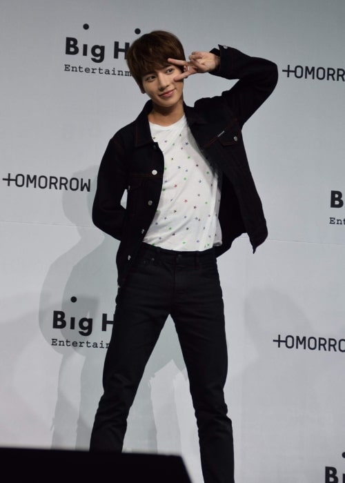 Kang Tae-hyun as seen while posing for the camera at Tomorrow X Together's debut showcase in March 2019