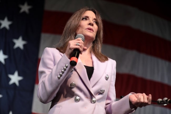 Marianne Williamson as seen while speaking with attendees at the 2019 Iowa Democratic Wing Ding at Surf Ballroom in Clear Lake, Iowa