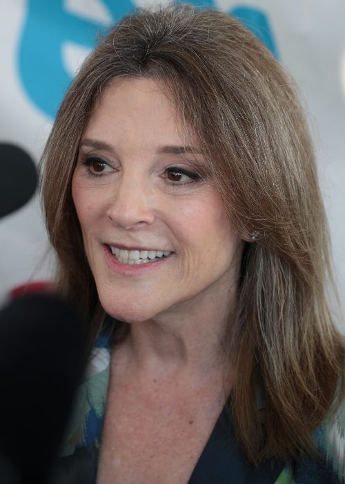 Marianne Williamson as seen while speaking with the media at the 2019 Iowa State Fair in Des Moines, Iowa, United States