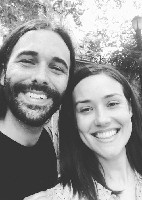 Megan Boone as seen in a black-and-white picture along with her friend Jonathan Van Ness in August 2019