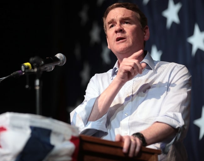 Michael Bennet as seen while speaking with attendees at the 2019 Iowa Democratic Wing Ding at Surf Ballroom in Clear Lake, Iowa, United States